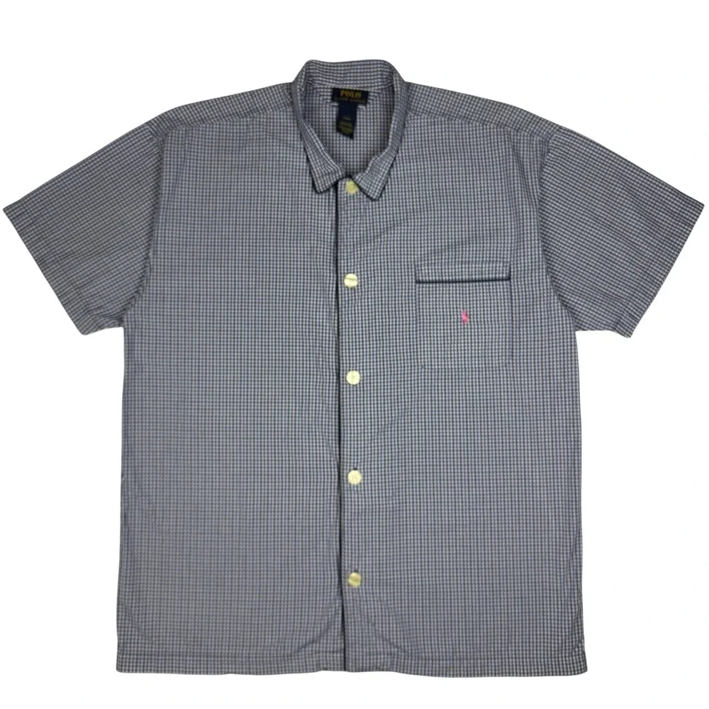 Polo Ralph Lauren Pajama Top‎ Mens Large Blue Gingham Cotton Sleep Shirt Pocket